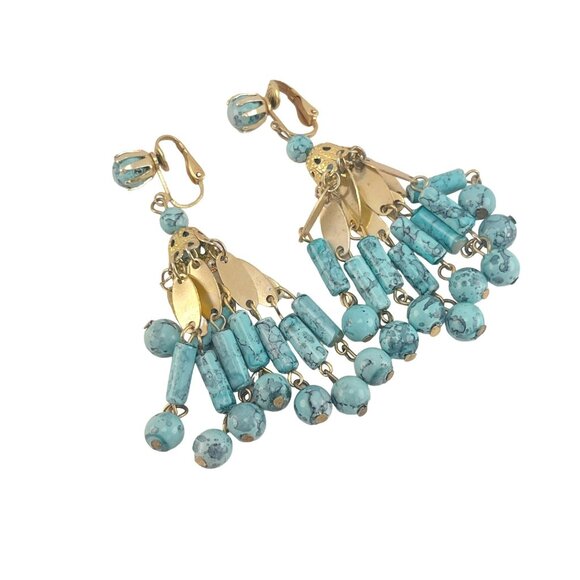 Vintage Turquoise Plastic Clip on Tassel Earrings 3 inch - Picture 6 of 6